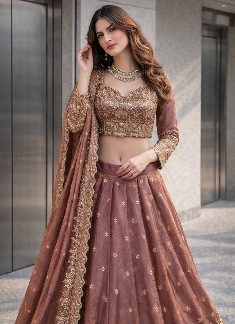 Brown Fendy Silk Sequins Work  Occasional Wear Readymade Lehenga Choli SW324797