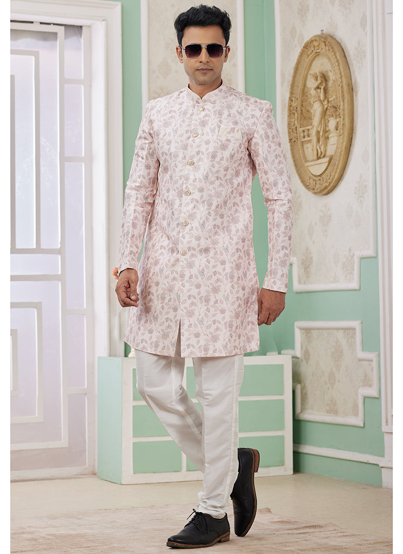 Banarasi Jacquard Baby Pink Festival Wear Embroidery Work Readymade Indo Western Sherwani