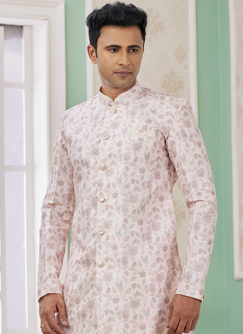 Banarasi Jacquard Baby Pink Festival Wear Embroidery Work Readymade Indo Western Sherwani