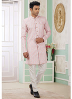 Banarasi Jacquard Baby Pink Festival Wear Pattern Pc Work Readymade Indo Western Sherwani