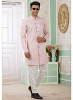 Banarasi Jacquard Baby Pink Festival Wear Pattern Pc Work Readymade Indo Western Sherwani
