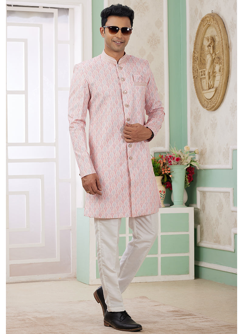 Banarasi Jacquard Baby Pink Festival Wear Pattern Pc Work Readymade Indo Western Sherwani