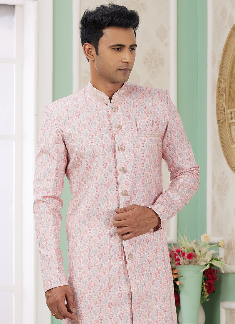Banarasi Jacquard Baby Pink Festival Wear Pattern Pc Work Readymade Indo Western Sherwani