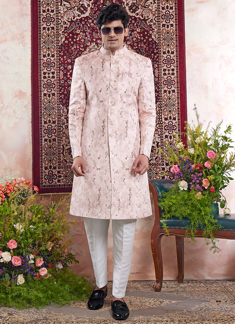Banarasi Jacquard Baby Pink Wedding Wear Pattern Pc Work Readymade Sherwani