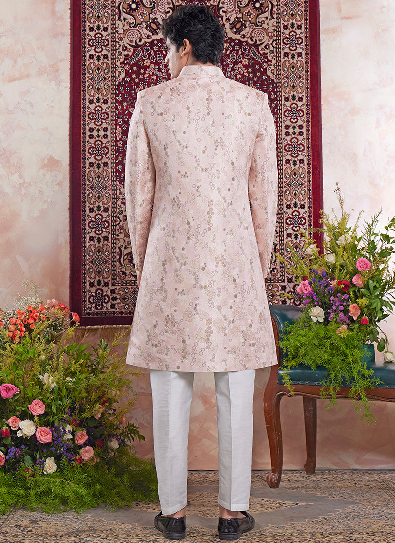 Banarasi Jacquard Baby Pink Wedding Wear Pattern Pc Work Readymade Sherwani