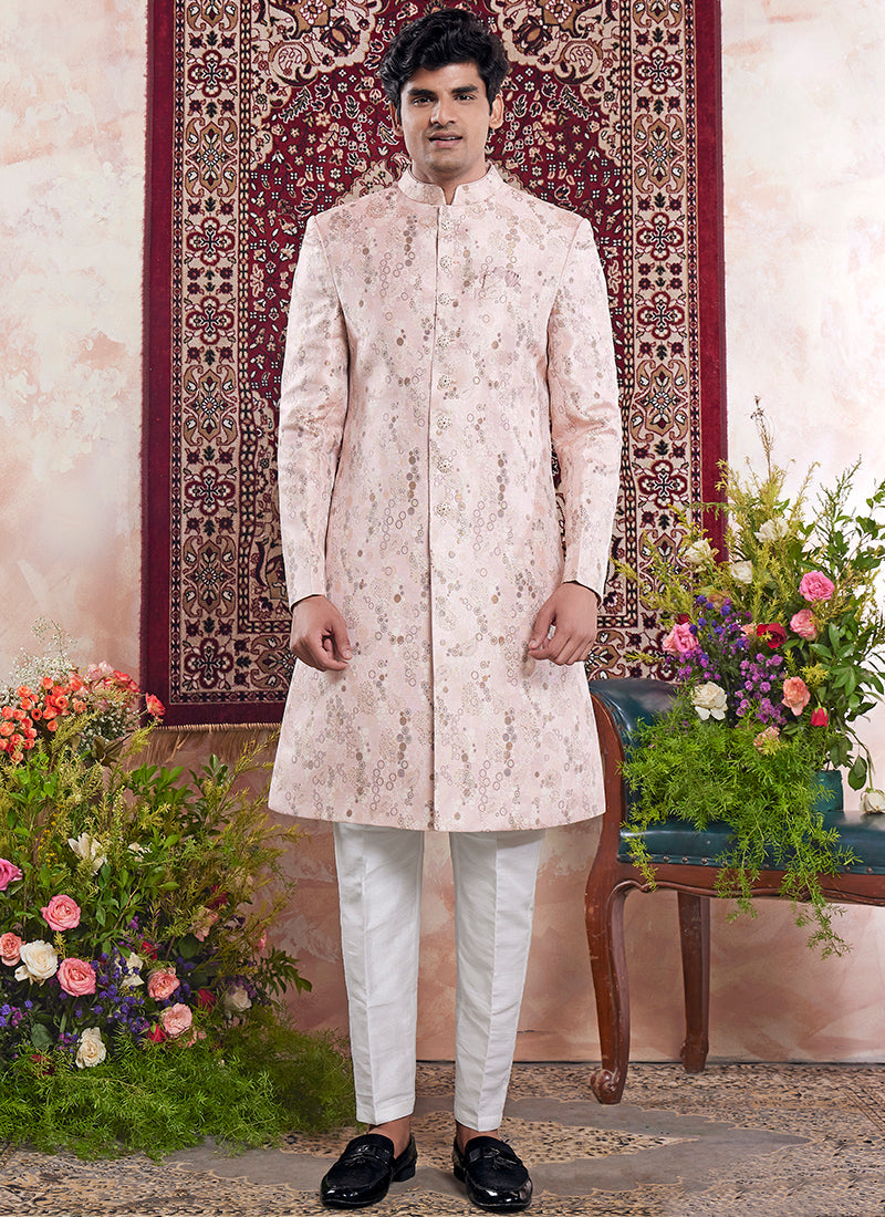 Banarasi Jacquard Baby Pink Wedding Wear Pattern Pc Work Readymade Sherwani
