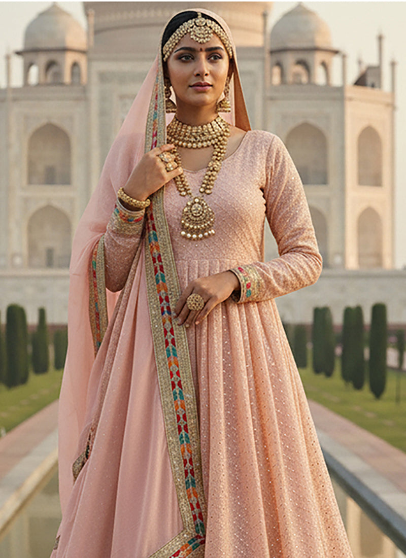 Faux Georgette Baby Pink Casual Wear Embroidery Work Anarkali Gown