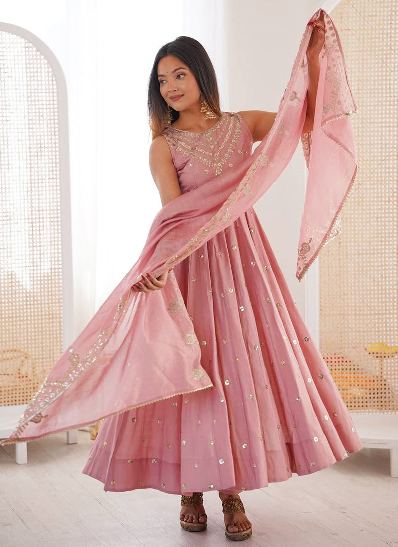Roman Silk Baby Pink Casual Wear Sequins Work Readymade Anarkali Suit 388817
