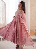 Roman Silk Baby Pink Casual Wear Sequins Work Readymade Anarkali Suit 388817