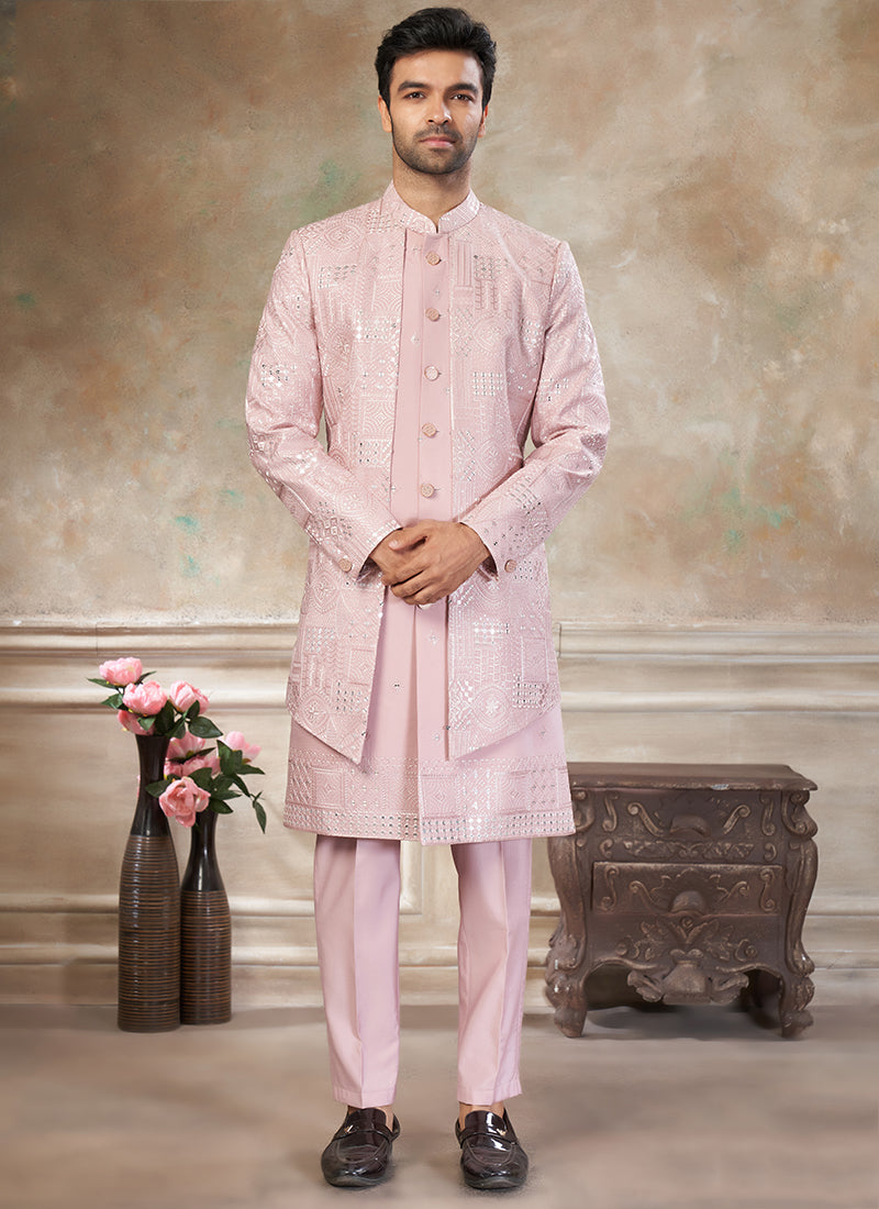 Silk Baby Pink Party Wear Embroidery Work Readymade Indo Western Suit