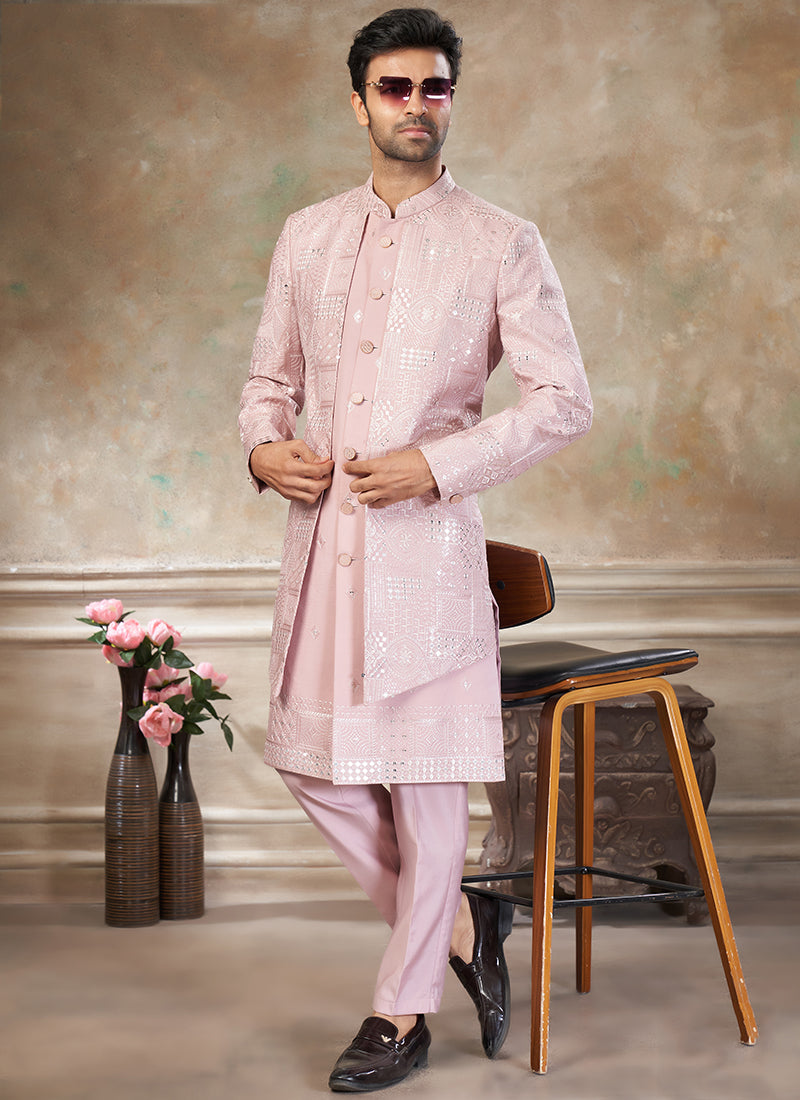 Silk Baby Pink Party Wear Embroidery Work Readymade Indo Western Suit