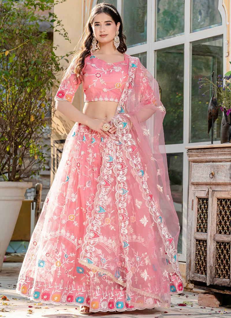 Baby Pink Soft Net Thread Embroidery Work Wedding Wear Lehenga Choli SW226821