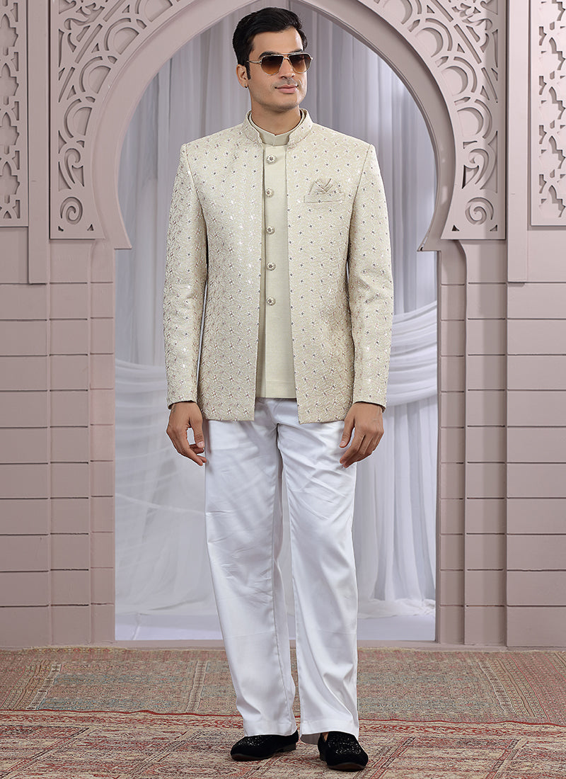 Art Silk Beige Wedding Wear Pattern Pc Work Readymade Indo Western