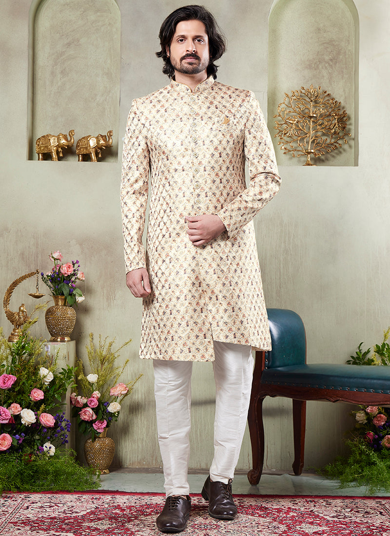 Art Silk Beige Wedding Wear Print On Computer Thread Work Readymade Sherwani