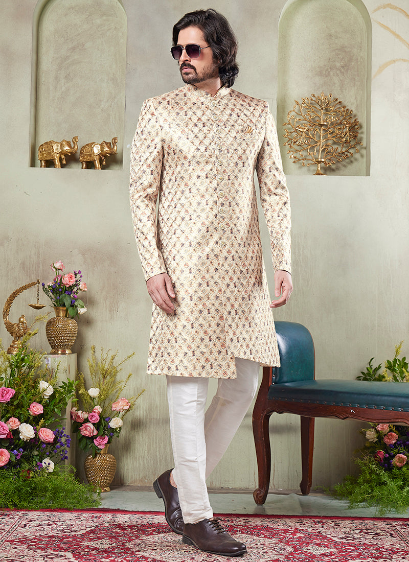Art Silk Beige Wedding Wear Print On Computer Thread Work Readymade Sherwani