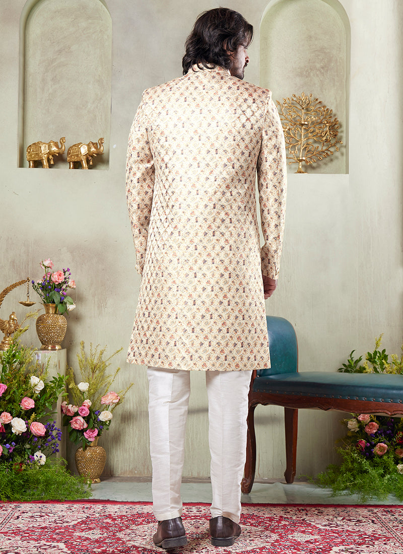 Art Silk Beige Wedding Wear Print On Computer Thread Work Readymade Sherwani