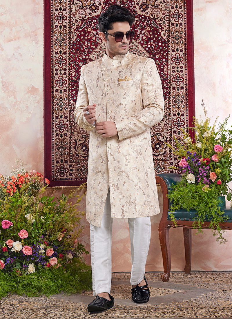 Banarasi Jacquard Beige Wedding Wear Pattern Pc Work Readymade Sherwani