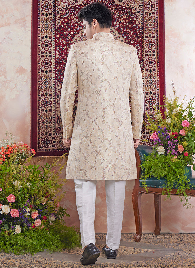 Banarasi Jacquard Beige Wedding Wear Pattern Pc Work Readymade Sherwani