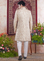 Banarasi Jacquard Beige Wedding Wear Pattern Pc Work Readymade Sherwani