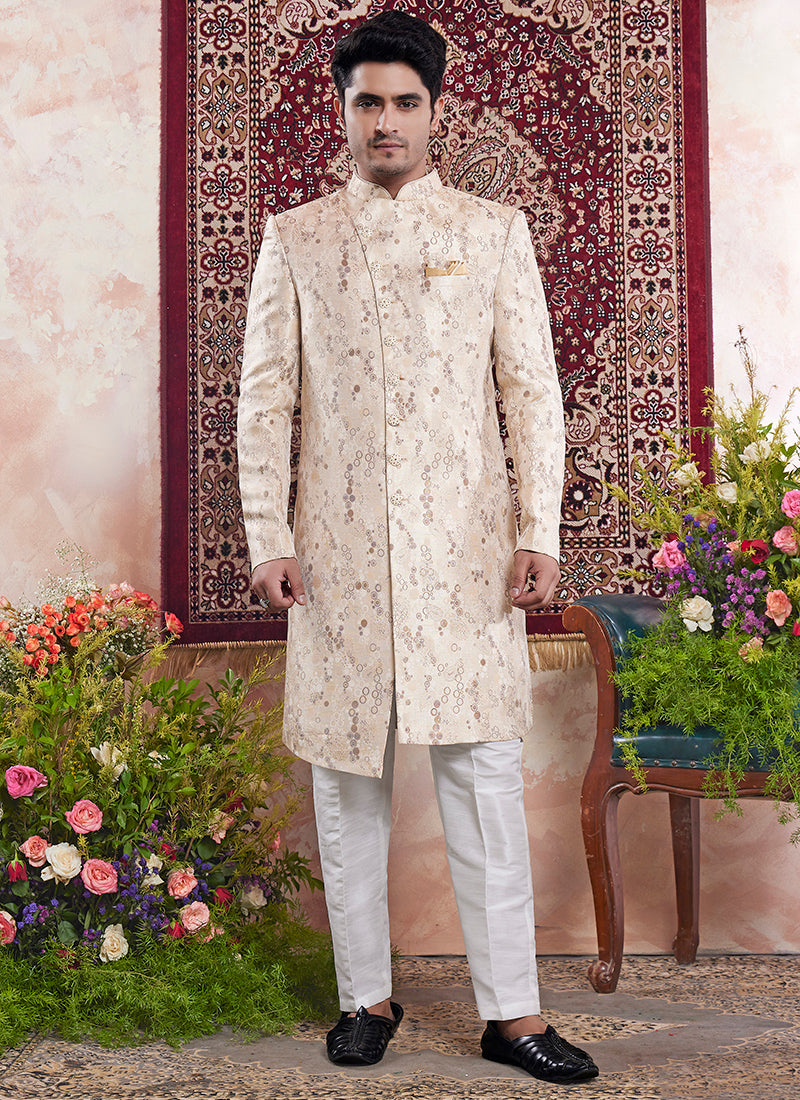 Banarasi Jacquard Beige Wedding Wear Pattern Pc Work Readymade Sherwani