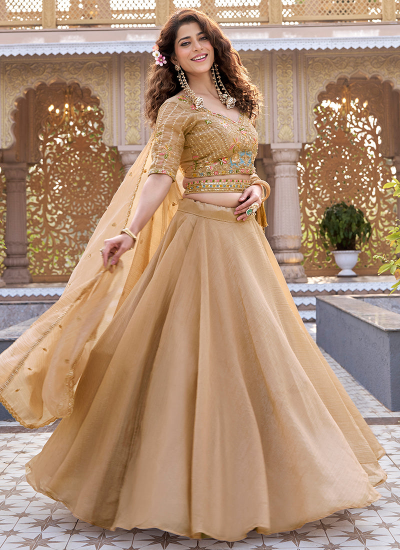 Beige Crunchy Silk Embroidery Work Occasional Wear Lehenga Choli SW916069