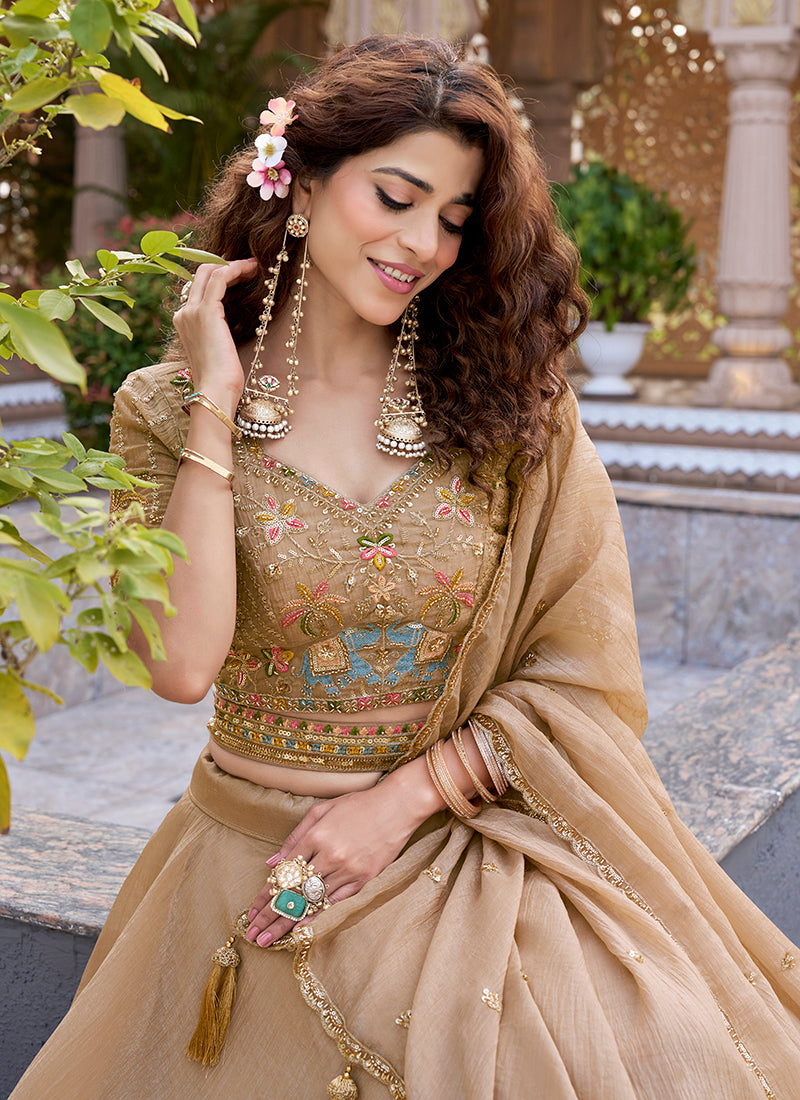 Beige Crunchy Silk Embroidery Work Occasional Wear Lehenga Choli SW916069
