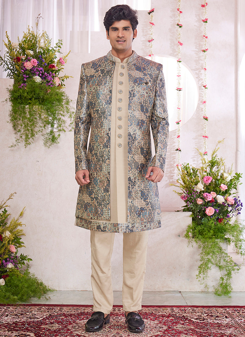 Digital Print  Silk Beige Party Wear Embroidery Onnack Work And Button Readymade Sherwani With Jacket