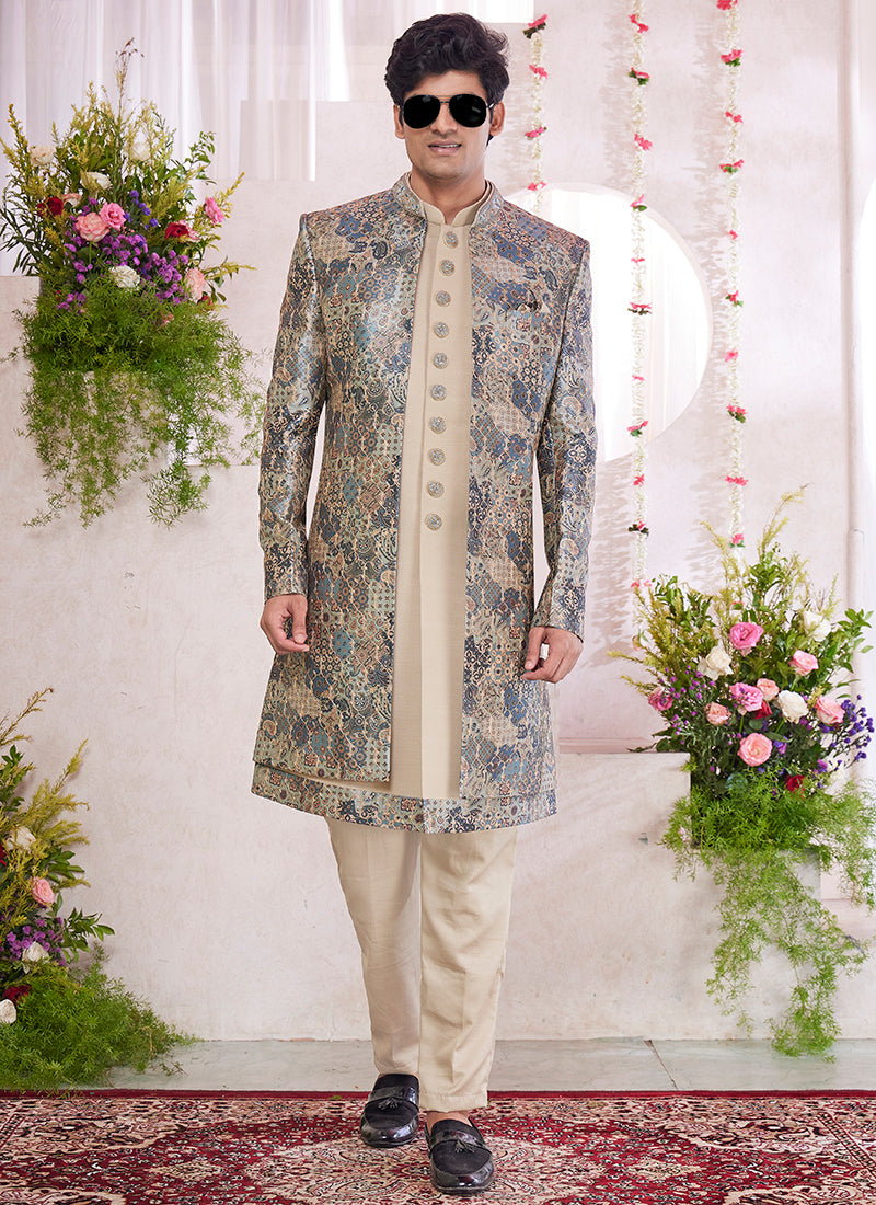 Digital Print  Silk Beige Party Wear Embroidery Onnack Work And Button Readymade Sherwani With Jacket