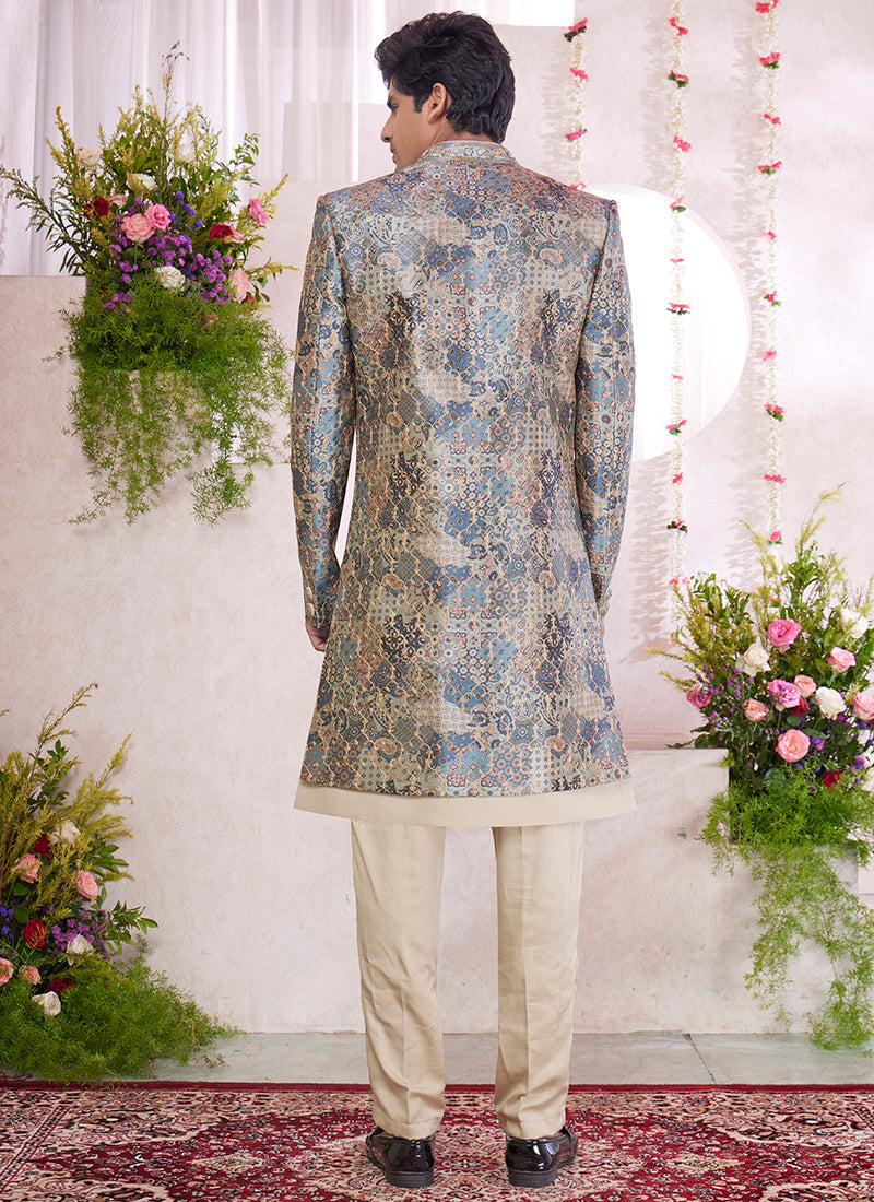 Digital Print  Silk Beige Party Wear Embroidery Onnack Work And Button Readymade Sherwani With Jacket