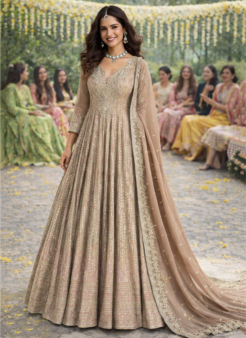 Beige Georgette Embroidery Work Occasional Wear Readymade Anarkali Suit SW477167