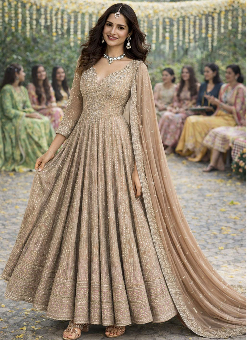 Beige Georgette Embroidery Work Occasional Wear Readymade Anarkali Suit SW477167