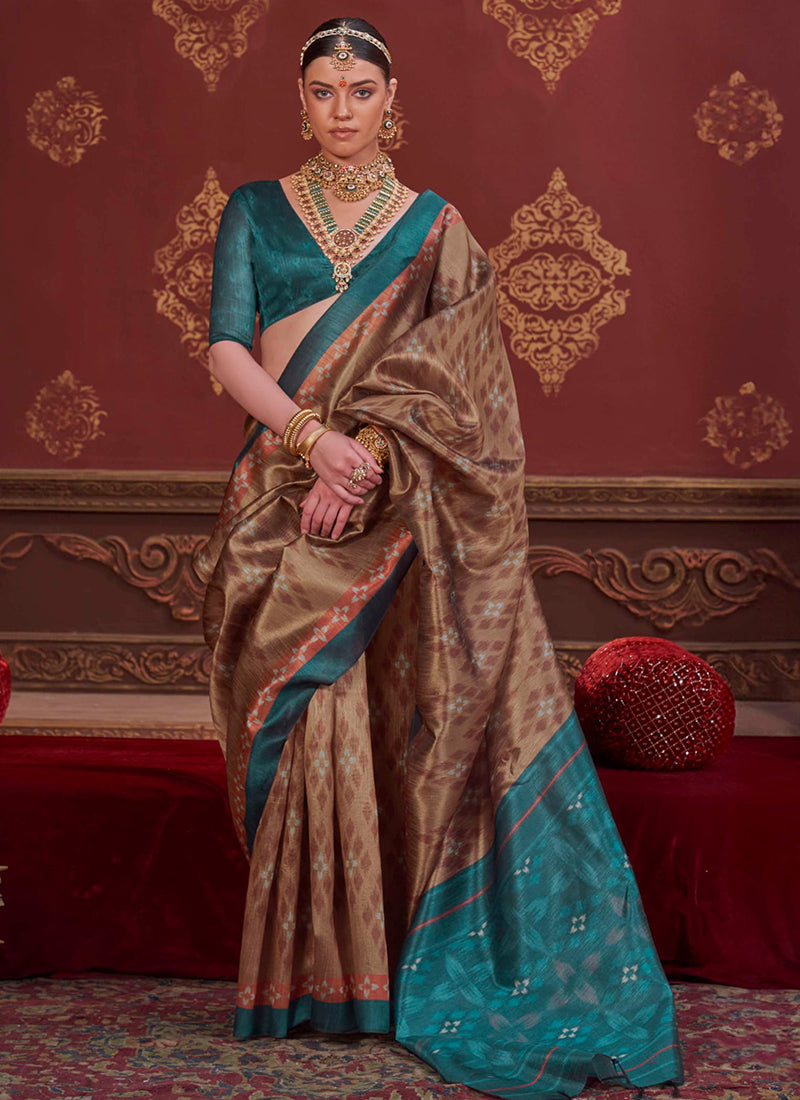 Silk Beige Gold Festival Wear Weaving Work Saree 388851