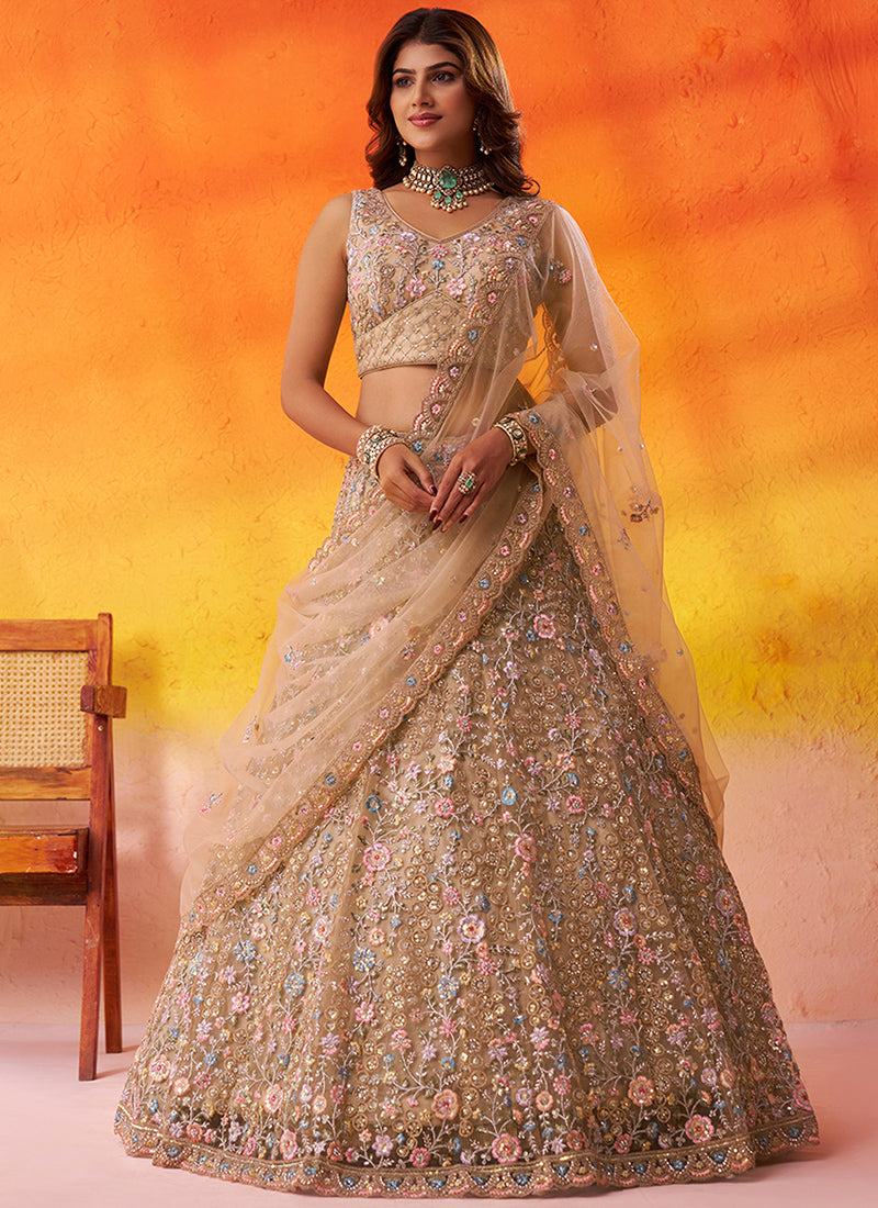 Net Beige Wedding Wear Sequins Embroidery Work Lehenga Choli