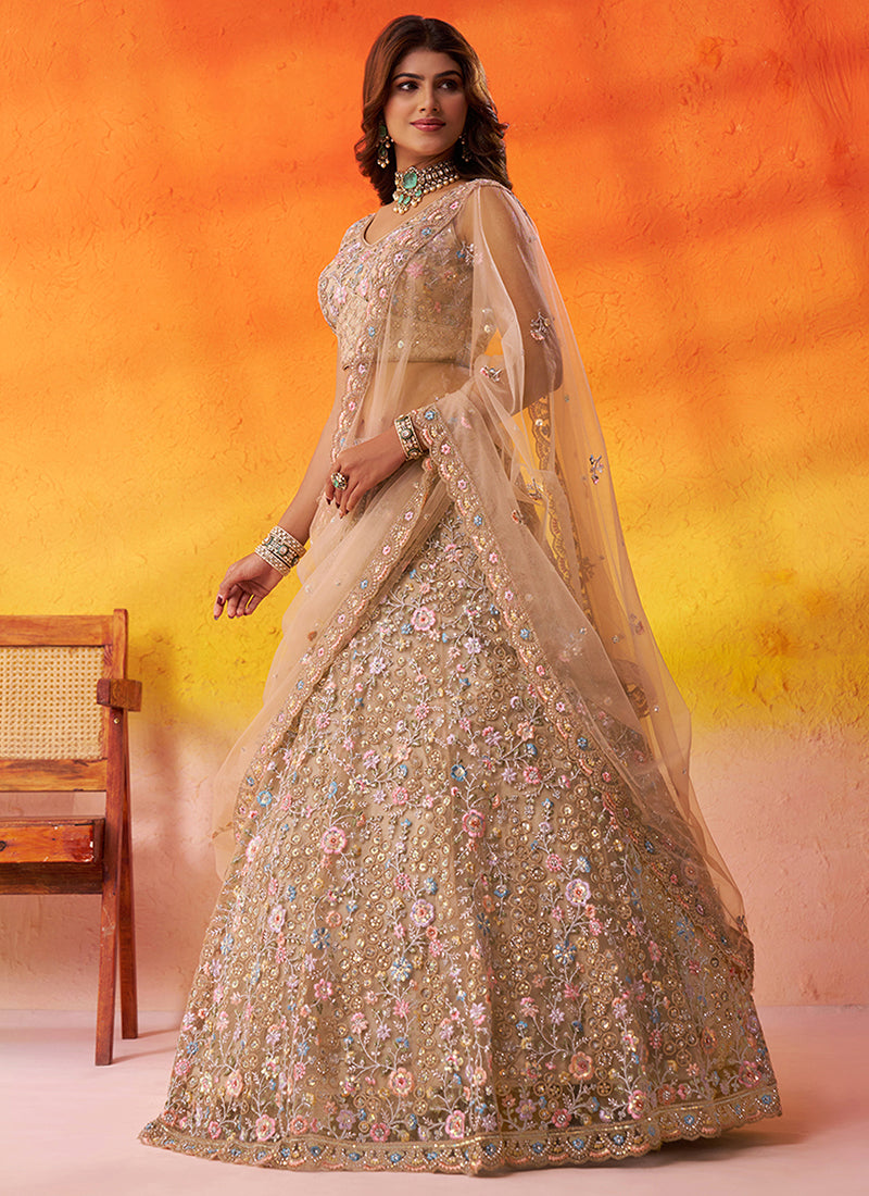 Net Beige Wedding Wear Sequins Embroidery Work Lehenga Choli