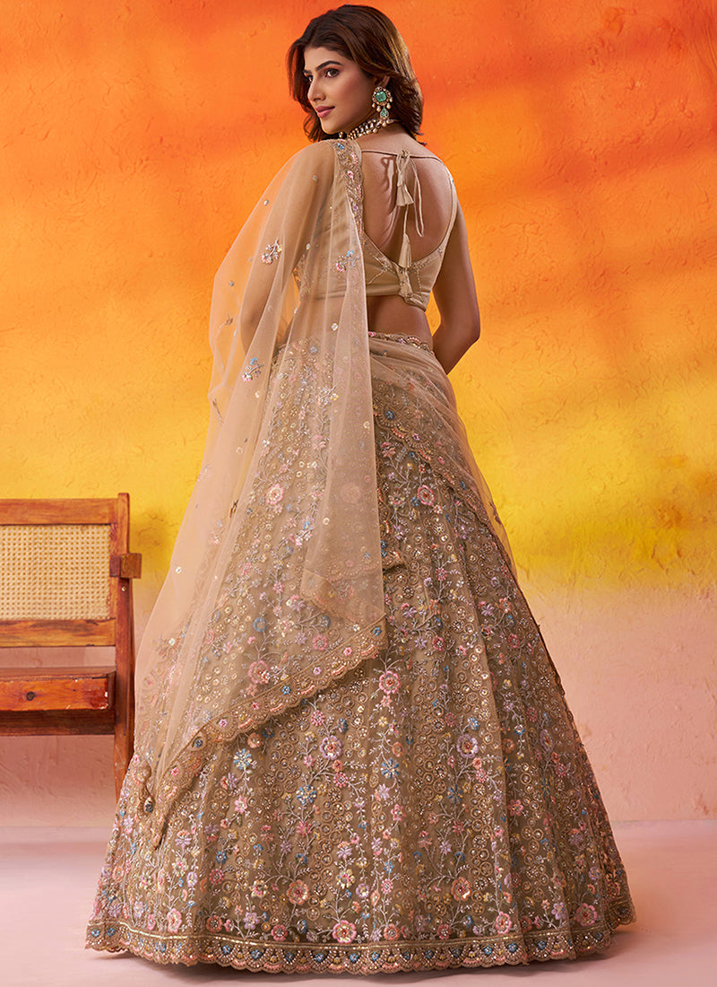 Net Beige Wedding Wear Sequins Embroidery Work Lehenga Choli