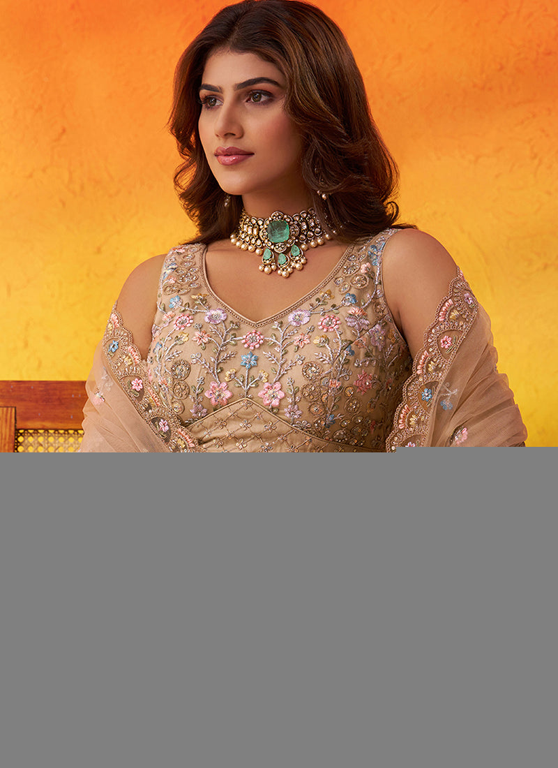 Net Beige Wedding Wear Sequins Embroidery Work Lehenga Choli