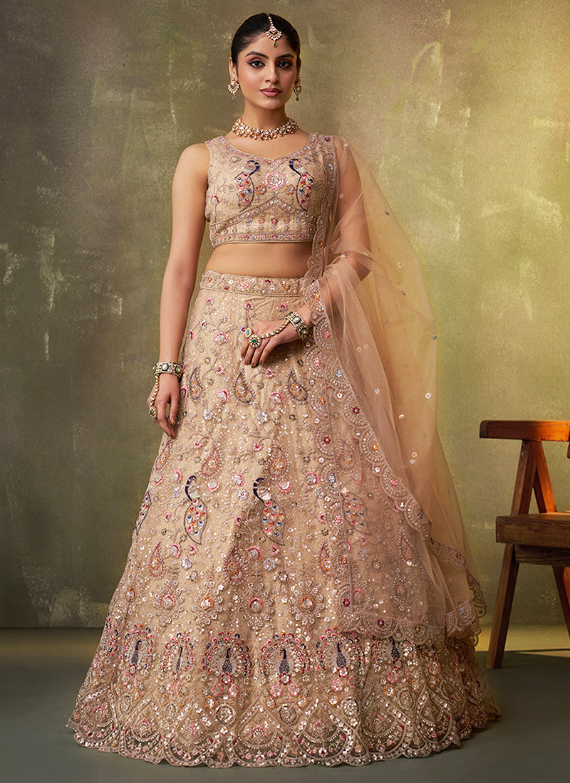 Net Beige Wedding Wear Sequins Embroidery Work Lehenga Choli