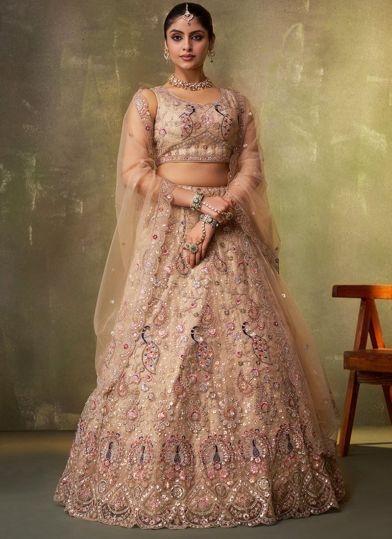 Net Beige Wedding Wear Sequins Embroidery Work Lehenga Choli