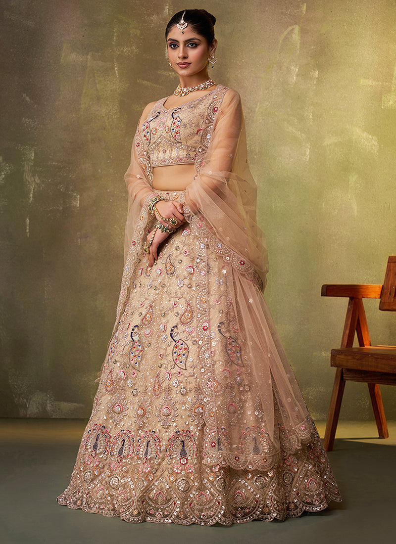 Net Beige Wedding Wear Sequins Embroidery Work Lehenga Choli
