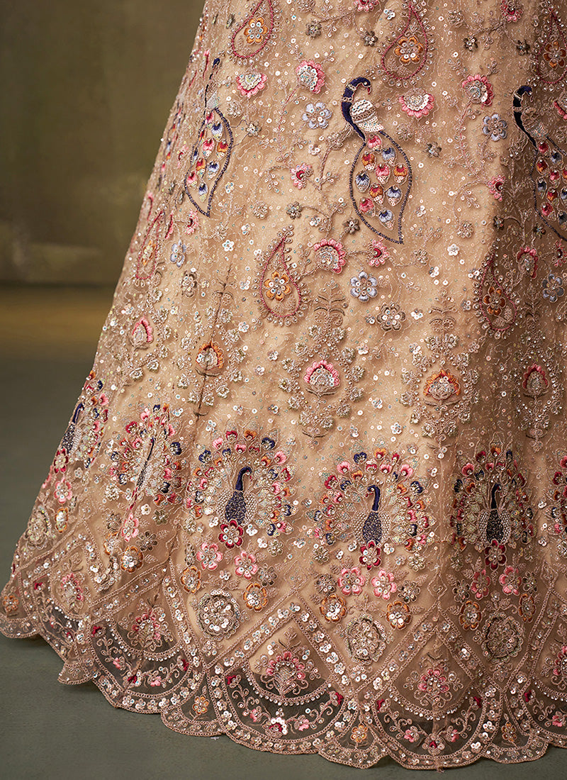 Net Beige Wedding Wear Sequins Embroidery Work Lehenga Choli