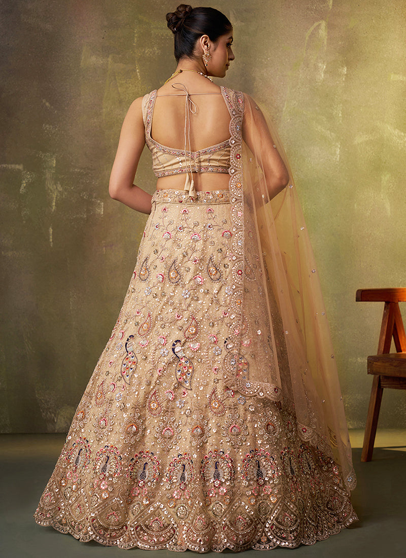 Net Beige Wedding Wear Sequins Embroidery Work Lehenga Choli