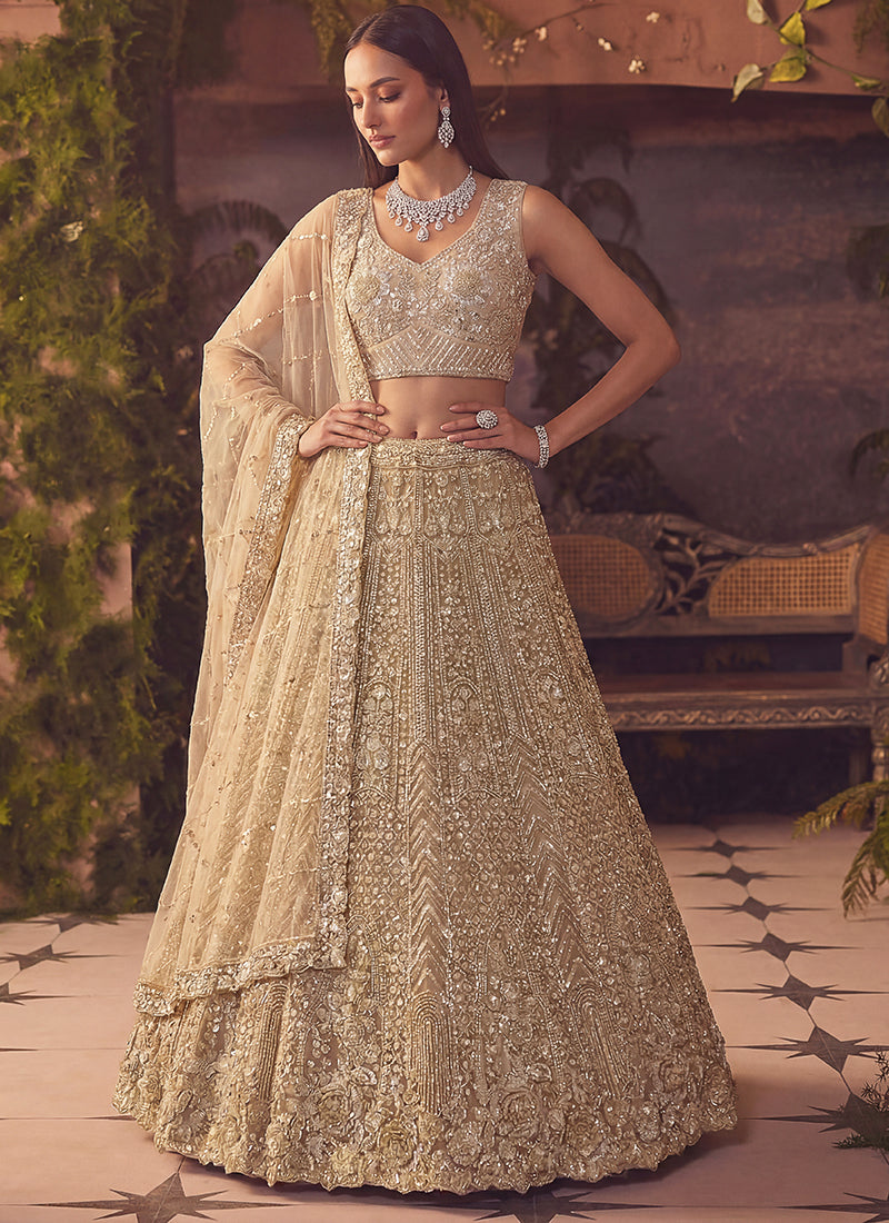 Beige Net Sequins Work  Wedding Wear Lehenga Choli SW600054