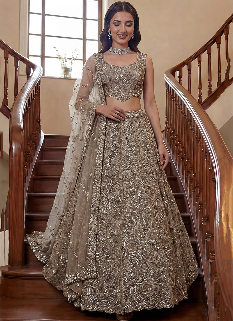 Beige Net Thread Work Wedding Wear Lehenga Choli SW796612