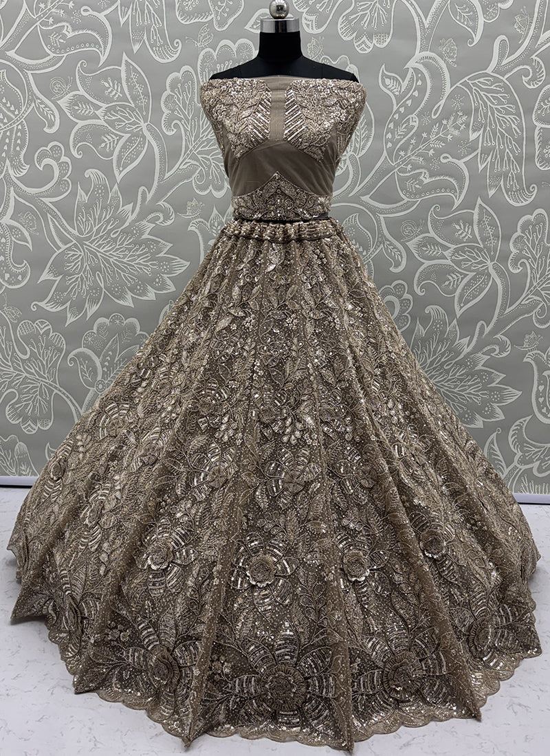 Beige Net Thread Work Wedding Wear Lehenga Choli SW796612