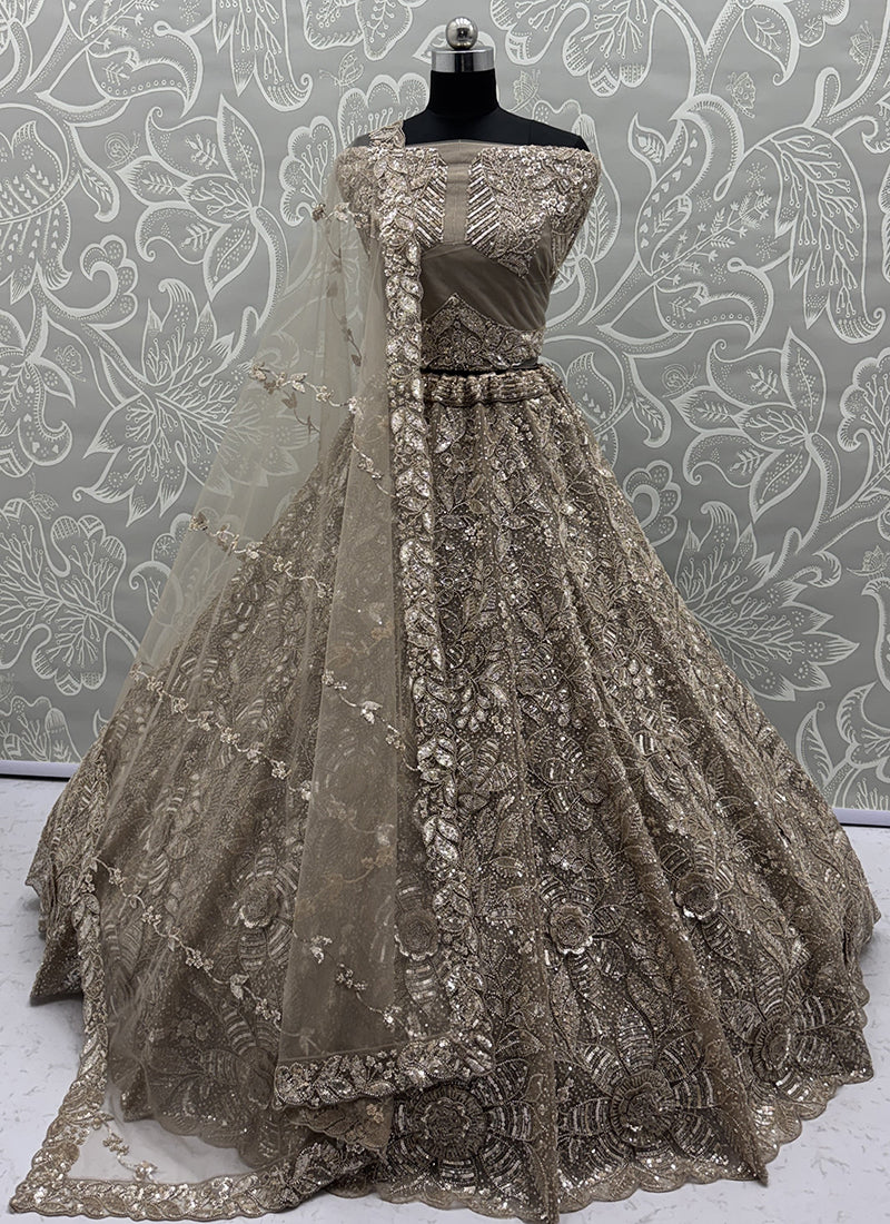 Beige Net Thread Work Wedding Wear Lehenga Choli SW796612