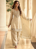 Beige Shimmer Silk Mirror Work Occasional Wear Readymade Plazzo Suit SW858407