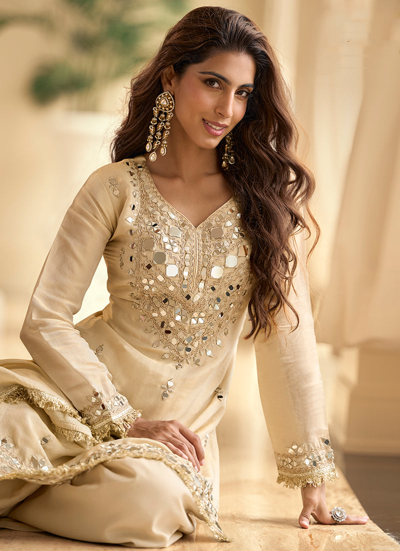 Beige Shimmer Silk Mirror Work Occasional Wear Readymade Plazzo Suit SW858407