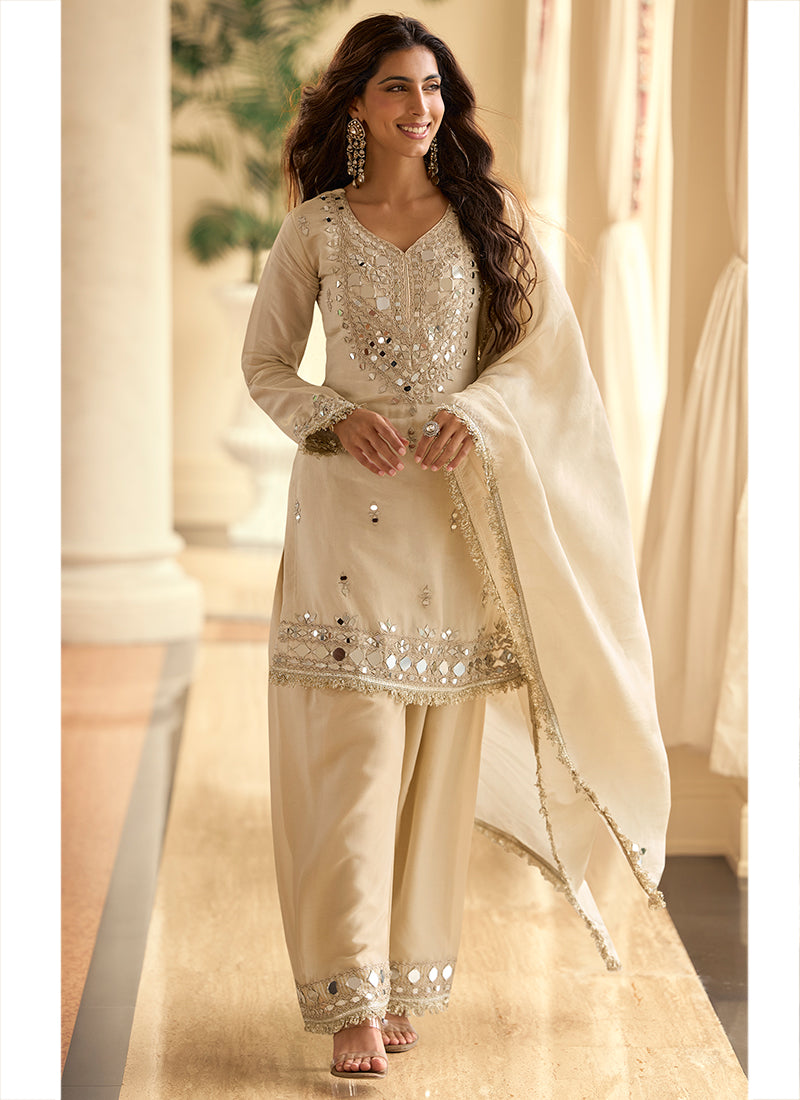 Beige Shimmer Silk Mirror Work Occasional Wear Readymade Plazzo Suit SW858407