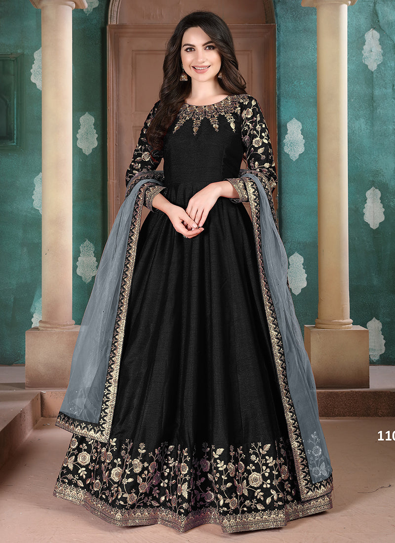 Adda Silk Black Party Wear Embroidery Work Anarkali Suit