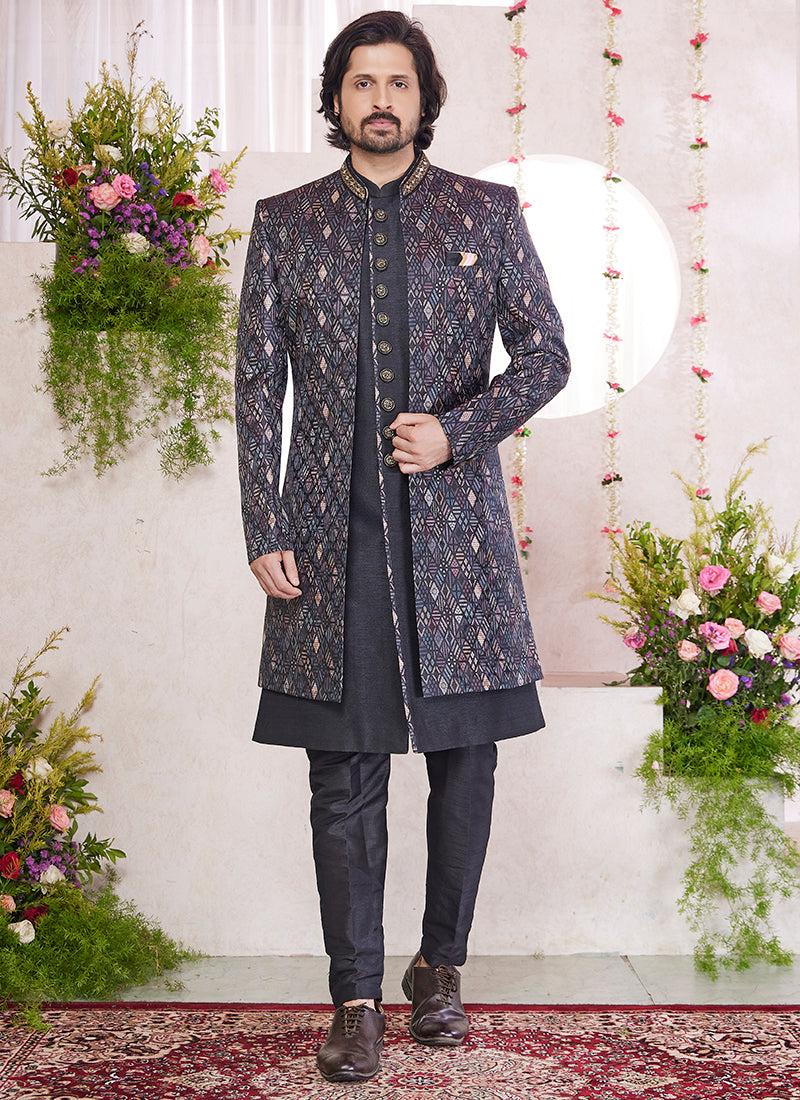 Art Silk Black Party Wear Embrodery Onnack Woek And Button Readymade Sherwani With Jacket